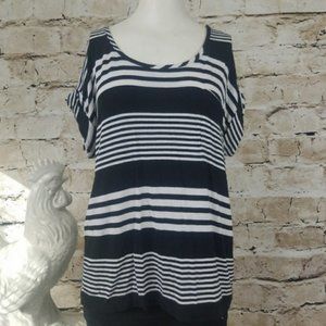 Kenar M Black White Shirt Striped Neon Zipper Top